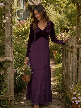 Vtg 90s Barbara Lesser plum velour pleated maxi dress